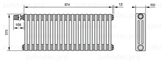 Схема (чертеж) Радиатор Zehnder Charleston 3057/19 №V012 Technoline TL